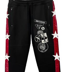 Robins Jean Black Moto Biker Patch Jogger Sweatpant Red Stripe Wings L Y2K